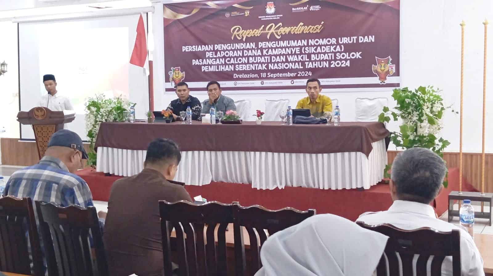 KPU Kabupaten Solok gelar Rakor  Persiapan Pengundian, Pengumuman Nomor Urut dan Pelaporan Dana Kampanye (Sikadeka) Pasangan Calon Bupati dan Wakil Bupati Solok 